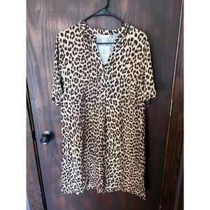 H&M Womens Leopard Print Shift Dress Short Sleeve V-Neck Viscose Brown Small NWT